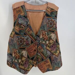 VTG Tapestry Vest Women 2X Tan Postcard Travel Grandma Boho Cottagecore Preppy
